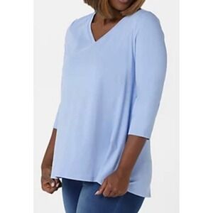 D&Co Essentials Womens 1X Light Blue V-Neck 3/4 Sleeve Tunic Tee Top